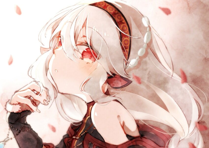 1girl aquaplus arm_up bare_shoulders braid eyes_visible_through_hair fingernails hair_between_eyes hair_ornament hair_over_one_eye hairband jewelry long_hair monochrome_mobius necklace nnku000 nose parted_lips petals red_eyes shunya sidelocks signature single_braid sleeveless solo upper_body utawarerumono very_long_hair white_hair