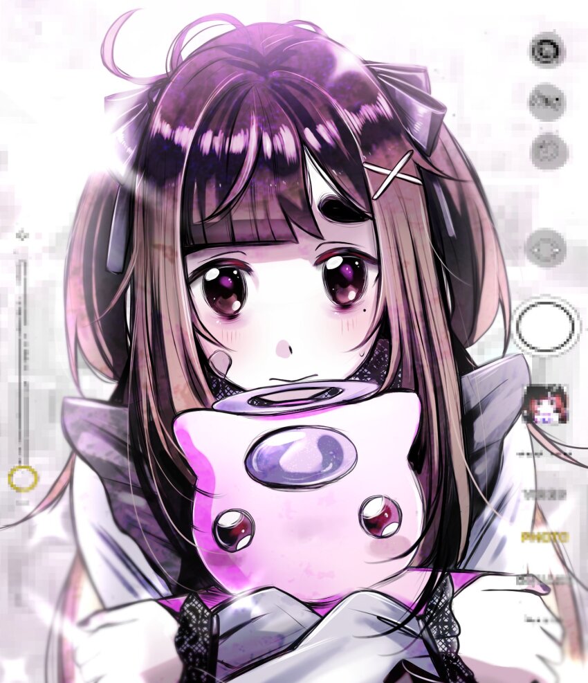1girl bandaid bandaid_on_face black_eyes blunt_bangs brown_hair fake_photograph hair_ornament hair_ribbon halo highres long_sidelocks looking_at_viewer love_angel_syndrome mole mole_under_eye official_art pink_cat pleading_eyes ribbon short_twintails sidelocks solo sparkling_eyes stuffed_toy twintails upper_body x_hair_ornament yuuna_(love_angel_syndrome)