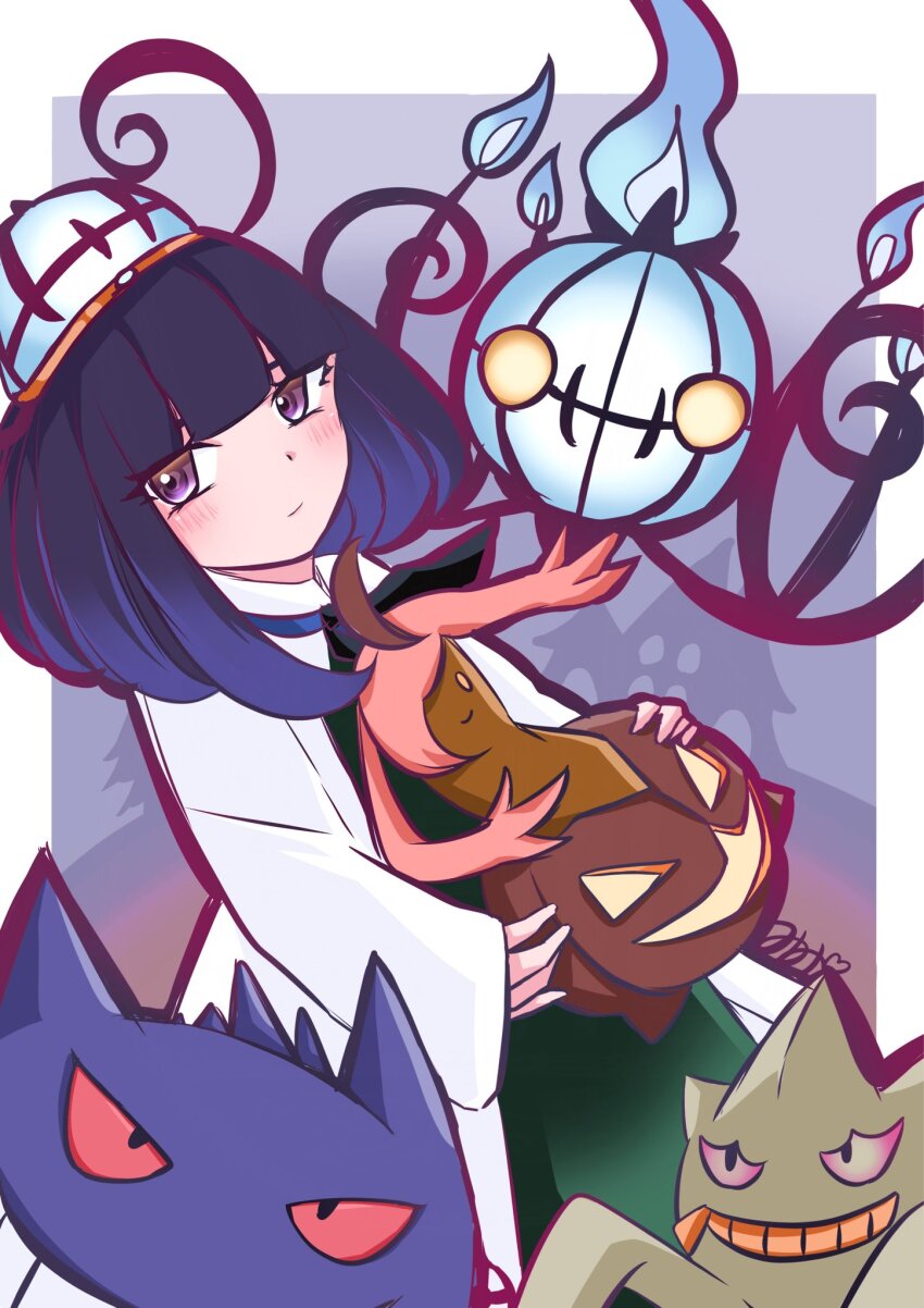 1girl banette black_dress blush bob_cut chandelure closed_mouth coat dress gen_1_pokemon gen_3_pokemon gen_5_pokemon gen_6_pokemon gengar gourgeist gwynn_(pokemon) hat highres holding holding_pokemon long_sleeves looking_at_viewer mimixusa00 nintendo open_clothes open_coat pokemon pokemon_(creature) pokemon_legends:_z-a purple_eyes purple_hair short_hair sleeves_past_wrists white_coat