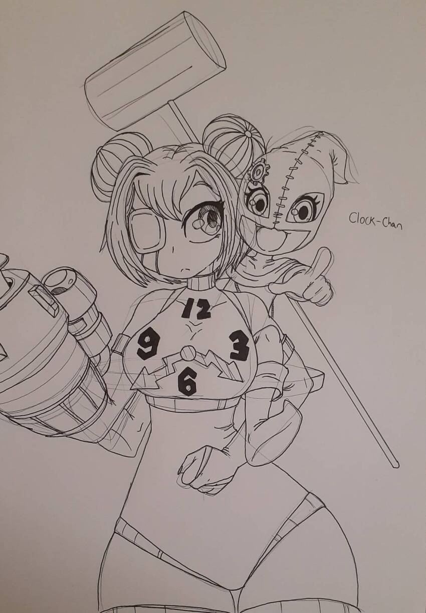 2girls breasts clockmon digimon gloves hammer highres looking_at_another mask medium_breasts monochrome multiple_girls personification