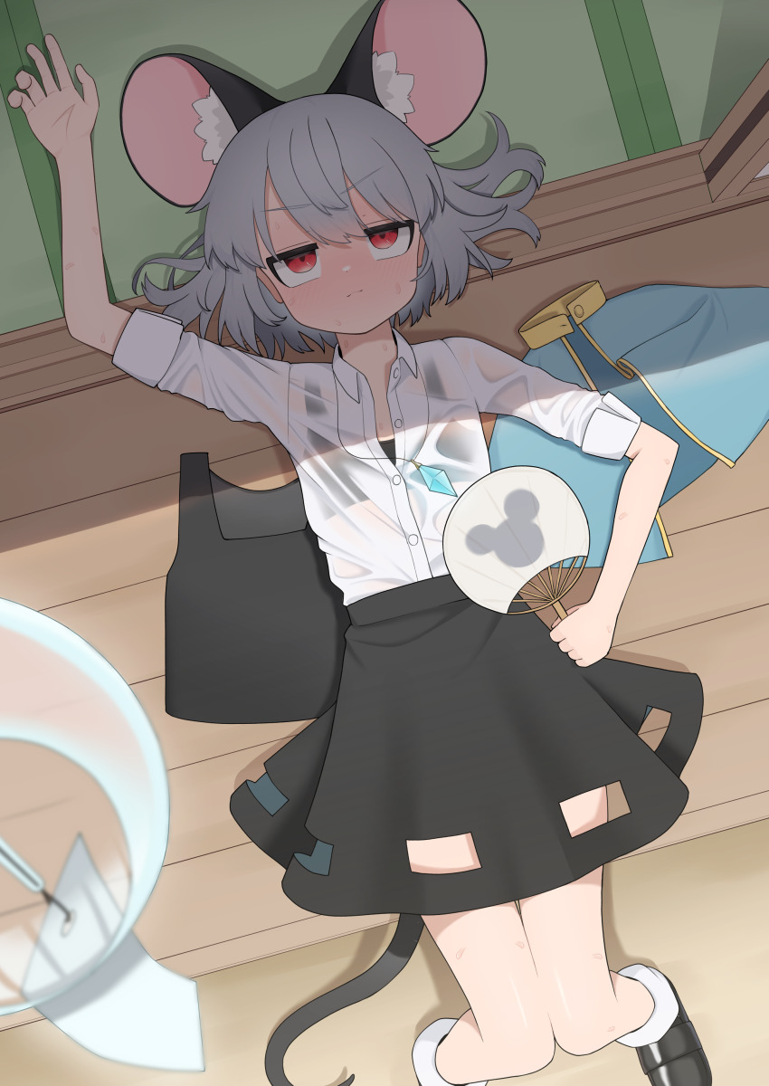 1girl absurdres animal_ears arm_up asakura_haru black_bra black_shoes black_skirt bra bra_visible_through_clothes closed_mouth commentary_request dress_shirt from_above grey_hair hand_fan highres holding holding_fan hot lying mouse_ears mouse_tail nazrin on_back on_floor partially_unbuttoned red_eyes see-through_clothes see-through_shirt shirt shirt_tucked_in shoes skirt sleeves_pushed_up socks solo sweat tail tatami touhou underwear v-shaped_eyebrows veranda wet wet_clothes wet_shirt white_socks wind_chime