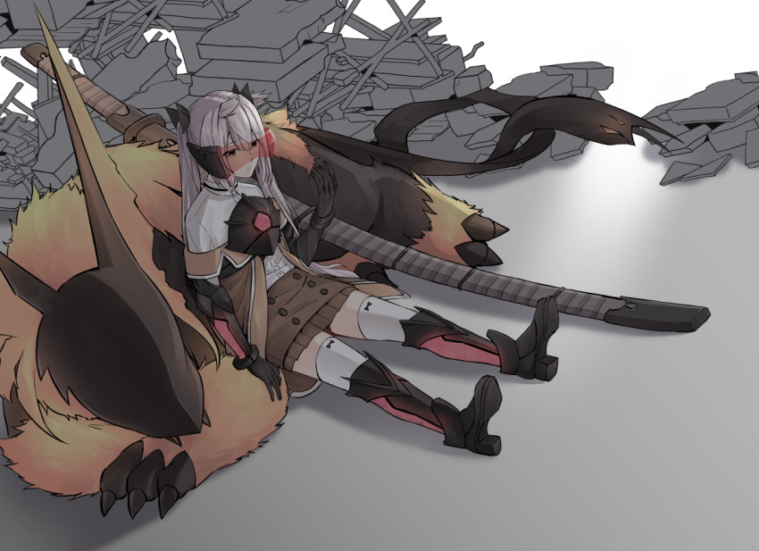 1girl armor black_boots black_gloves boots brown_skirt closed_mouth commentary_request full_body gloves hair_ears hand_up head-mounted_display high_heel_boots high_heels jacket jouhou katana long_hair mashiko_kaoru monster nene_(real_form)_(toji_no_miko) nene_(toji_no_miko) ootachi orange_jacket osafune_girls_academy_school_uniform pink_hair pleated_skirt power_suit reclining ruins school_uniform shirt skirt solo sword thighhighs toji_no_miko twintails weapon white_shirt white_thighhighs winter_uniform