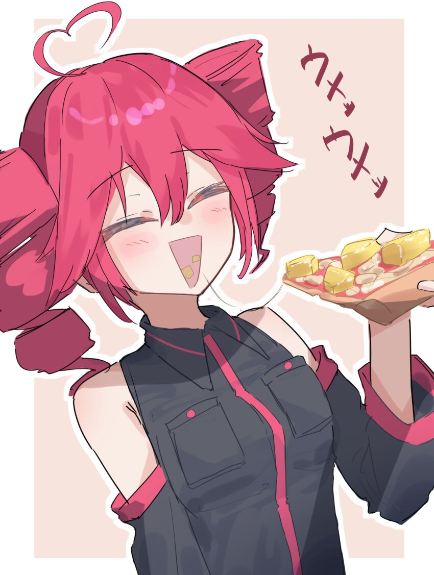 1girl ahoge black_shirt black_sleeves commentary detached_sleeves drill_hair eating food highres holding holding_food holding_pizza kasane_teto kasane_teto_(utau) open_mouth pineapple_on_pizza pizza pizza_slice red_hair shirt smile solo sound_effects thinker25075754 twintails upper_body utau