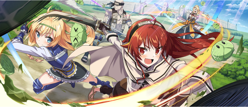 &gt;_&lt; 1boy 3girls :d ahoge armor armored_boots bald black_bodysuit black_gloves black_hairband black_headband black_pants black_skirt blonde_hair blue_armor blue_eyes bodysuit boots braid bush cabbage cabbage_(konosuba) cloak creature crossover darkness_(konosuba) dirt_road eris_greyrat faulds game_cg gloves grass green_hairband hair_ornament hairband headband highres holding holding_polearm holding_sword holding_weapon iris_(konosuba) jacket jewelry kono_subarashii_sekai_ni_shukufuku_wo! konosuba!_fantastic_days leg_up long_hair long_sleeves looking_at_viewer miniskirt multiple_girls mushoku_tensei neck_ribbon necklace official_art open_mouth outdoors outstretched_arms pants pauldrons polearm ponytail ponytail_with_braided_base red_eyes red_hair red_ribbon ribbon road ruijerd_superdia shirt shoulder_armor side_braid sidelocks single_pauldron skirt slashing smile spear standing sword v-shaped_eyebrows vambraces weapon white_cloak white_jacket white_shirt x_hair_ornament