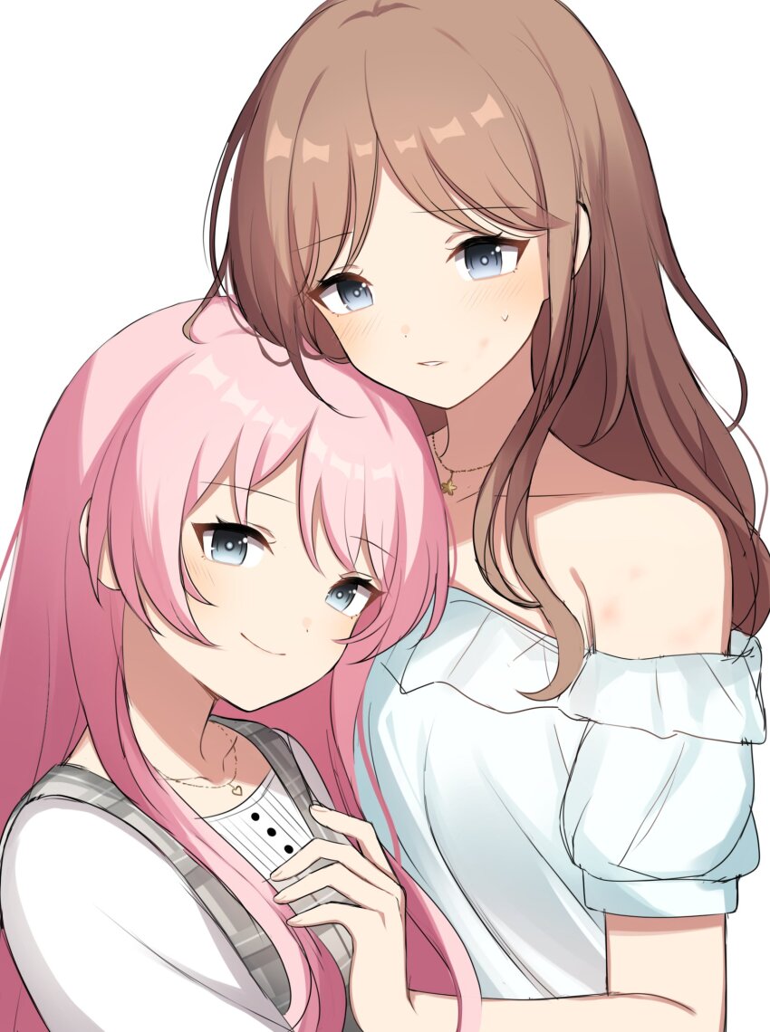 2girls bang_dream! bang_dream!_it&#039;s_mygo!!!!! blue_shirt blush brown_hair chihaya_anon commentary dress grey_dress grey_eyes hand_on_another&#039;s_chest hashtag-only_commentary heart heart_necklace hickey highres hiruver jewelry long_hair multiple_girls nagasaki_soyo necklace off-shoulder_shirt off_shoulder pinafore_dress pink_hair plaid_clothes plaid_dress shirt simple_background sleeveless sleeveless_dress smile star_(symbol) star_necklace sweatdrop upper_body white_background white_shirt yuri
