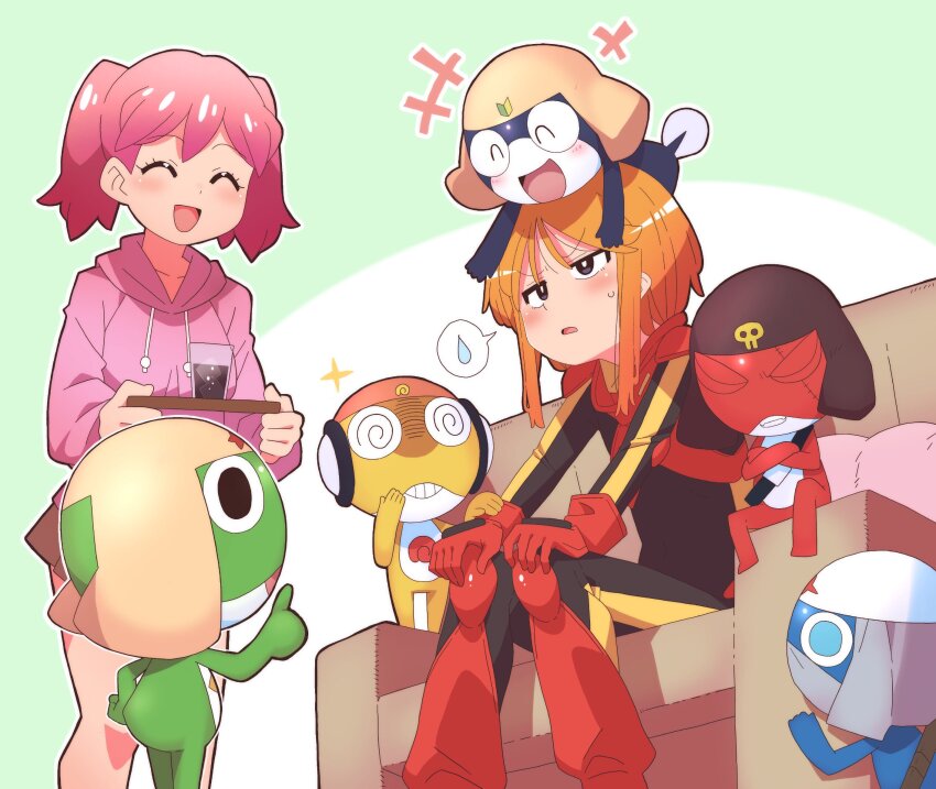 +++ 2girls 5others @_@ black_bodysuit black_eyes blue_eyes bodysuit closed_eyes crossover dororo_(keroro_gunsou) frog_boy giroro gundam gundam_zz highres hinata_natsumi hood hooded_sweater keroro keroro_gunsou kururu_(keroro_gunsou) multiple_girls multiple_others onimaru_(onimal7802) orange_hair pilot_suit pink_hair pink_sweater puru_two short_hair sitting solid_circle_pupils spoken_sweatdrop sweatdrop sweater tamama twintails