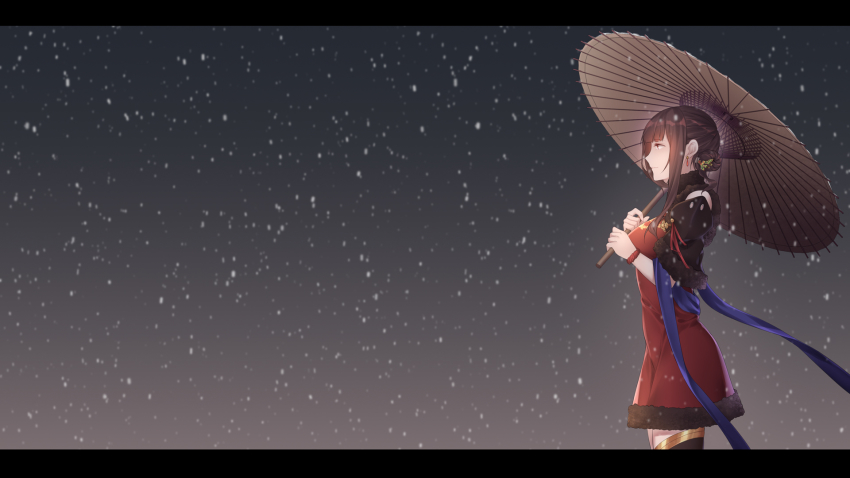 1girl black_dress breasts brown_eyes brown_hair cartonbox_(zhixiang_zhi) china_dress chinese_clothes closed_mouth dress earrings hair_ornament highres holding holding_umbrella jewelry letterboxed long_hair looking_away medium_breasts oil-paper_umbrella simple_background snowflake_background snowflakes solo standing umbrella warship_girls_r yat_sen_(warship_girls_r)