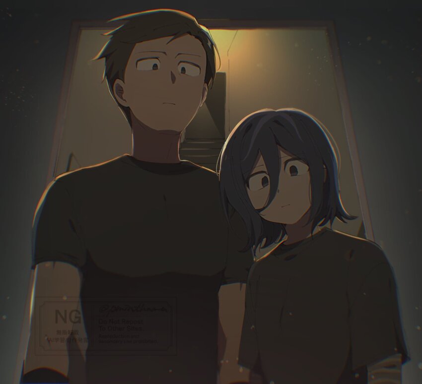 1boy 1other angel_martinez black_eyes black_hair black_shirt clinical_trial_(game) closed_mouth hair_between_eyes indoors lee_smith looking_at_viewer multicolored_hair pminthama purple_hair shirt short_sleeves stairs underground upper_body watermark