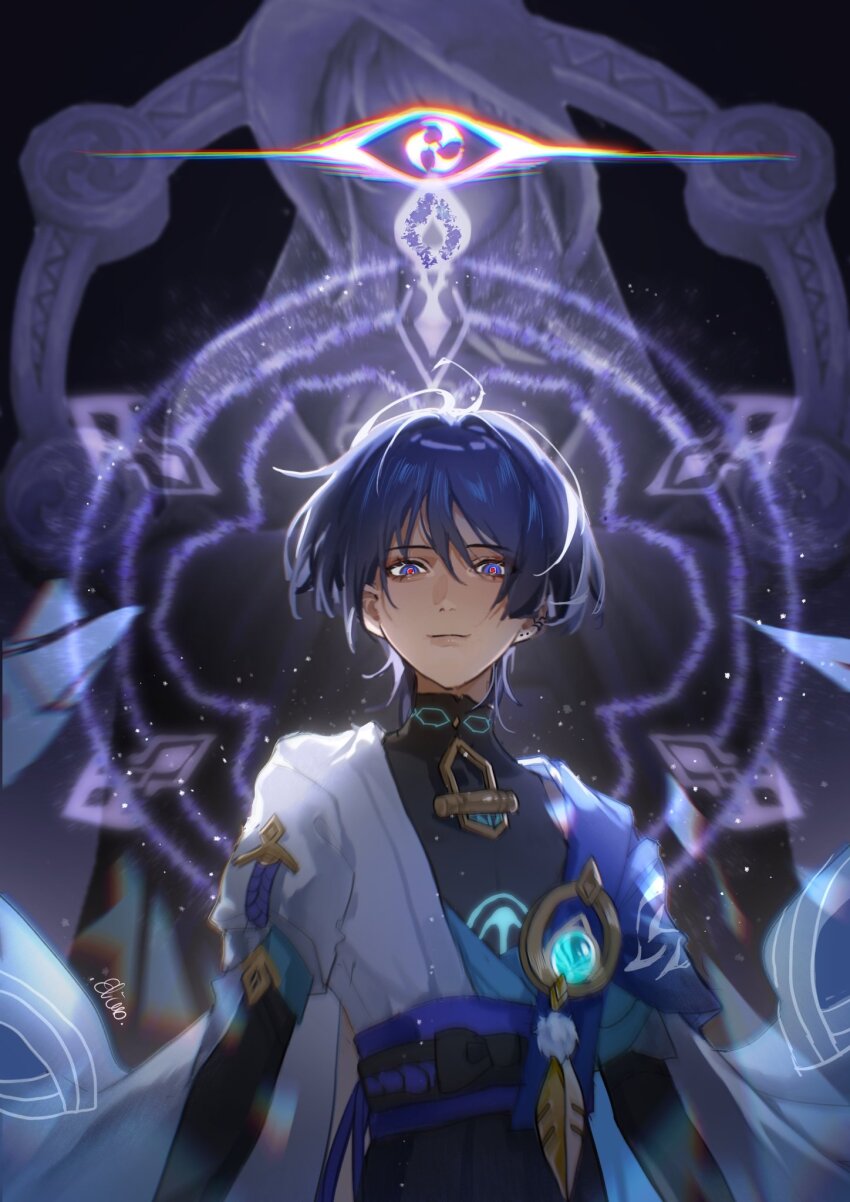 1boy anemo_symbol_(genshin_impact) aqua_gemstone aqua_kimono aqua_sleeves arms_at_sides belt black_belt black_bodysuit black_bow black_hair blue_cape blunt_ends bodysuit bow cape closed_mouth disembodied_eye elicooc facing_viewer feathers gem genshin_impact glowing_markings gold hair_between_eyes halo han&#039;eri highres japanese_clothes kimono layered_clothes layered_kimono layered_sleeves lips looking_at_viewer looking_down loose_hair_strand magic_circle male_focus mitsudomoe_(shape) open_clothes open_kimono pom_pom_(clothes) purple_eyes purple_halo purple_rope purple_sash red_pupils rope sash scaramouche_(genshin_impact) short_sleeves shoulder_peek signature smile solo statue_of_the_seven tomoe_(symbol) upper_body vision_(genshin_impact) wanderer_(genshin_impact) white_kimono white_sleeves white_trim yellow_feathers