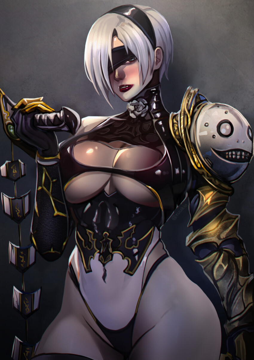 1girl 2b_(nier:automata) absurdres armor bad_tag black_blindfold black_gloves black_hairband black_thighhighs blindfold blue_eyes breasts clawed_gauntlets cleavage cleavage_cutout clothing_cutout commentary_request covered_erect_nipples covered_navel crossover elbow_gloves emil_(nier) fusion gauntlets gloves grey_hair hair_over_one_eye hairband highleg highleg_leotard highres holding holding_weapon isabella_valentine large_breasts leotard lipstick looking_at_viewer makeup multicolored_leotard nier:automata nier_(series) nose one_eye_covered pauldrons red_lips revealing_clothes short_hair shoulder_armor single_gauntlet single_pauldron solo soul_calibur thick_thighs thighhighs thighs underboob underboob_cutout weapon whip_sword xuuikie_ashe