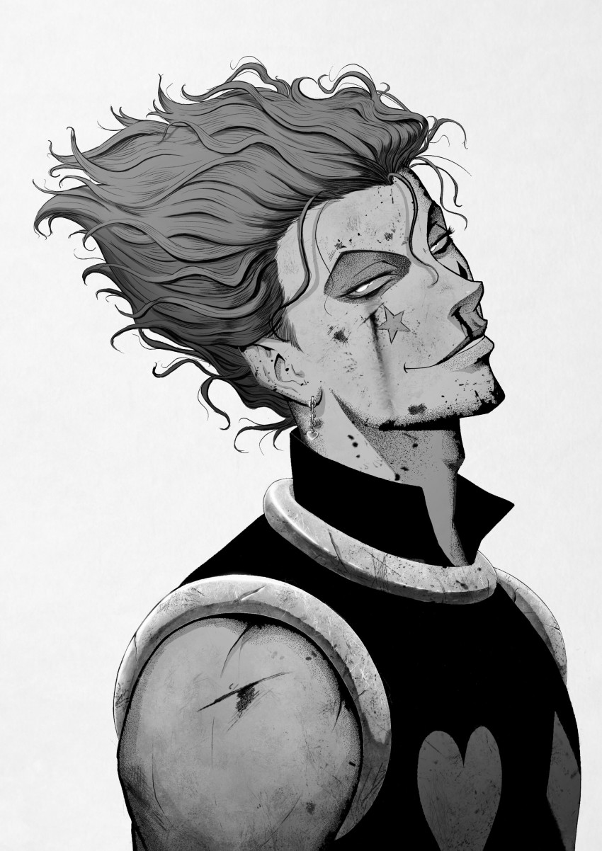 1boy absurdres dirty dirty_face earrings greyscale highres hisoka_morow hunter_x_hunter jewelry looking_at_viewer male_focus manip monochrome simple_background smile star_tattoo tattoo upper_body white_background