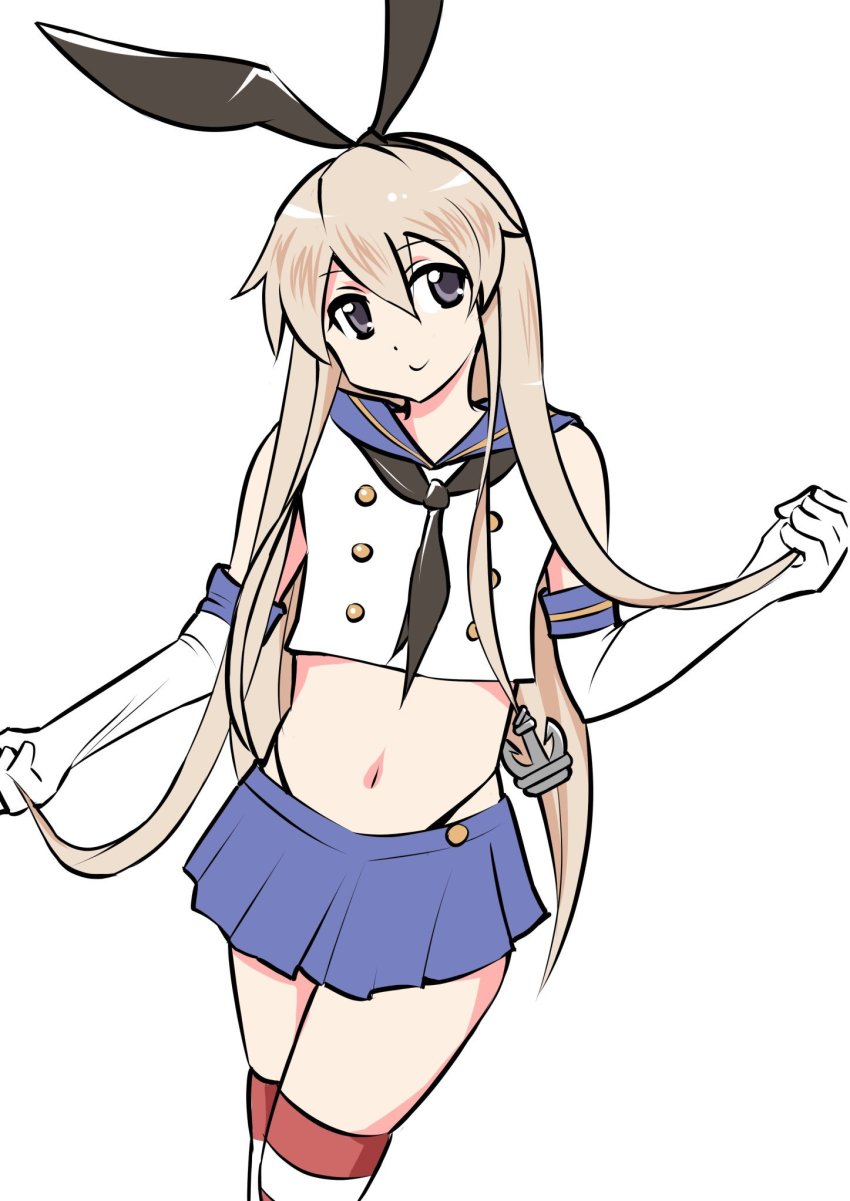 1girl anchor_hair_ornament animal_ears blonde_hair commentary_request elbow_gloves fake_animal_ears female_focus gloves grey_eyes hair_between_eyes hair_ornament hairband highres inoue_kousei kantai_collection long_hair midriff navel neckerchief pleated_skirt rabbit_ears shimakaze_(kancolle) shirt sidelocks skirt sleeveless sleeveless_shirt smile solo striped_clothes striped_thighhighs thighhighs white_background