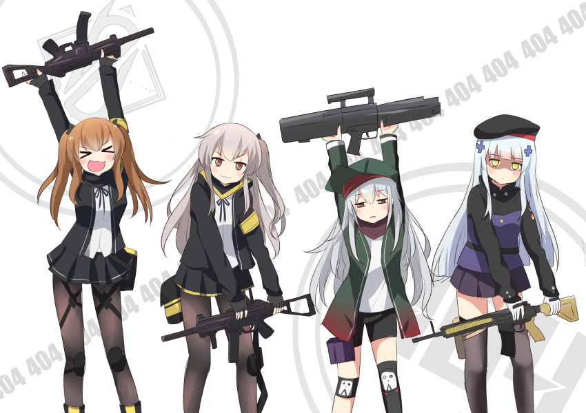 &gt;_&lt; 404_(girls&#039;_frontline) 404_logo_(girls&#039;_frontline) 4girls :3 :d absurdres arms_up assault_rifle beret black_bow black_gloves black_hat black_jacket black_legwear black_neckwear black_shorts black_skirt blue_hair blunt_bangs blush bow brown_eyes brown_hair bullpup caseless_firearm closed_eyes closed_mouth commentary cross_hair_ornament dancing english_commentary facial_mark feet_out_of_frame fingerless_gloves g11_(girls&#039;_frontline) girls&#039;_frontline gloves green_eyes green_hat green_jacket grey_hair gun h&amp;k_g11 h&amp;k_hk416 h&amp;k_ump hair_between_eyes hair_bow hair_ornament half-closed_eyes hat heckler_&amp;_koch highres hk416_(girls&#039;_frontline) holding holding_gun holding_weapon horizontal_magazine http_status_code ikazu401 jacket knee_pads legs_apart light_blue_hair long_hair long_sleeves looking_at_viewer miniskirt multiple_girls name_connection neck_ribbon object_namesake one_side_up open_clothes open_jacket open_mouth pantyhose parody parted_lips peaked_cap pleated_skirt ribbon rifle scar scar_across_eye scar_on_face shaded_face shirt short_shorts shorts sidelocks single_thighhigh skirt sleeves_past_wrists smile standing submachine_gun thighhighs tomorrow_(konosuba) twintails ump45_(girls&#039;_frontline) ump9_(girls&#039;_frontline) unamused v-shaped_eyebrows weapon white_gloves white_shirt zettai_ryouiki