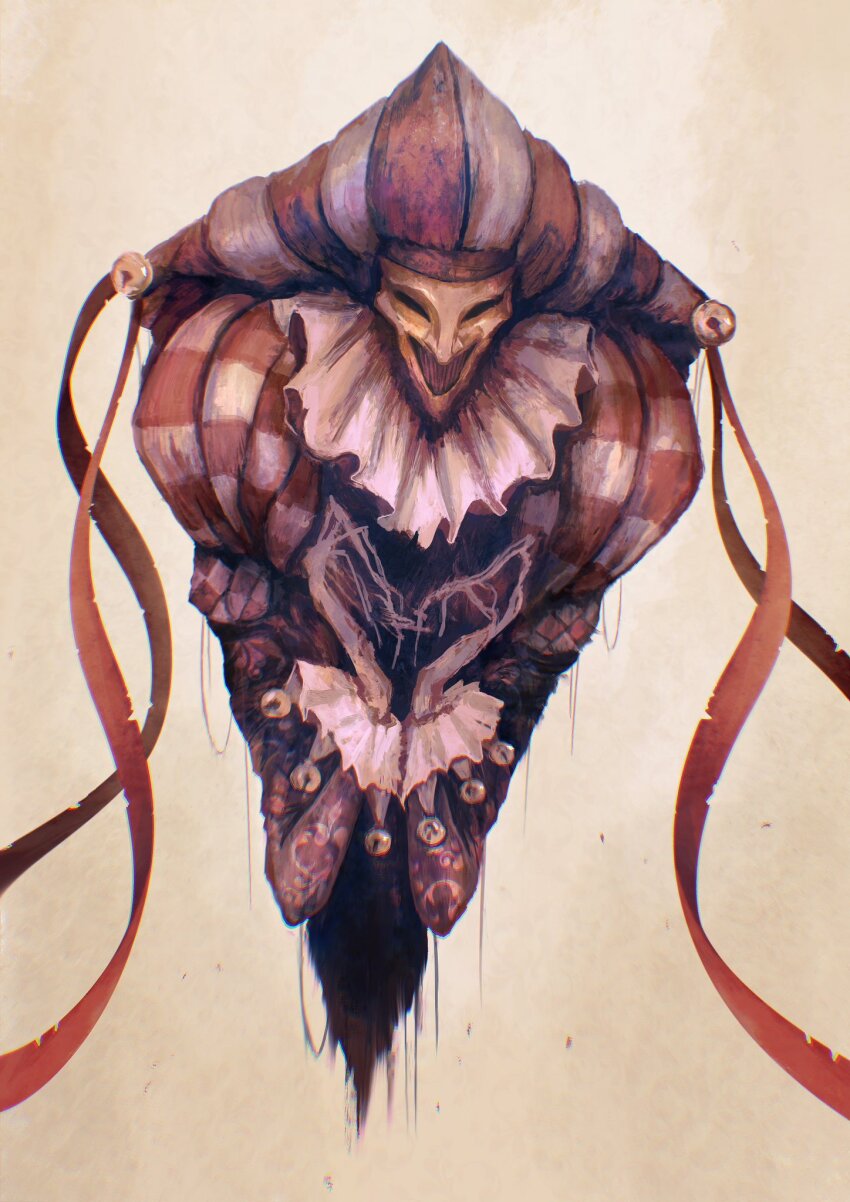 alexandre_chaudret evil_grin evil_smile frilled_sleeves frills grin hat hat_bell highres jester jester_cap monster_boy oil_painting_(medium) original painting_(medium) ribbon simple_background smile traditional_media upper_body
