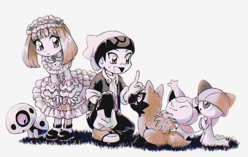 1boy 1girl :d aron bandage_on_face bandages blunt_bangs brendan_(pokemon) brown_hair dress frilled_dress frills full_body funabara_(sksn_herb) game_freak gen_3_pokemon grass hat highres index_finger_raised jacket kneeling long_sleeves may_(pokemon) nintendo on_grass open_clothes open_jacket open_mouth pants pokemon pokemon_(creature) pokemon_adventures poochyena ralts shirt skitty smile white_background white_headwear white_shirt