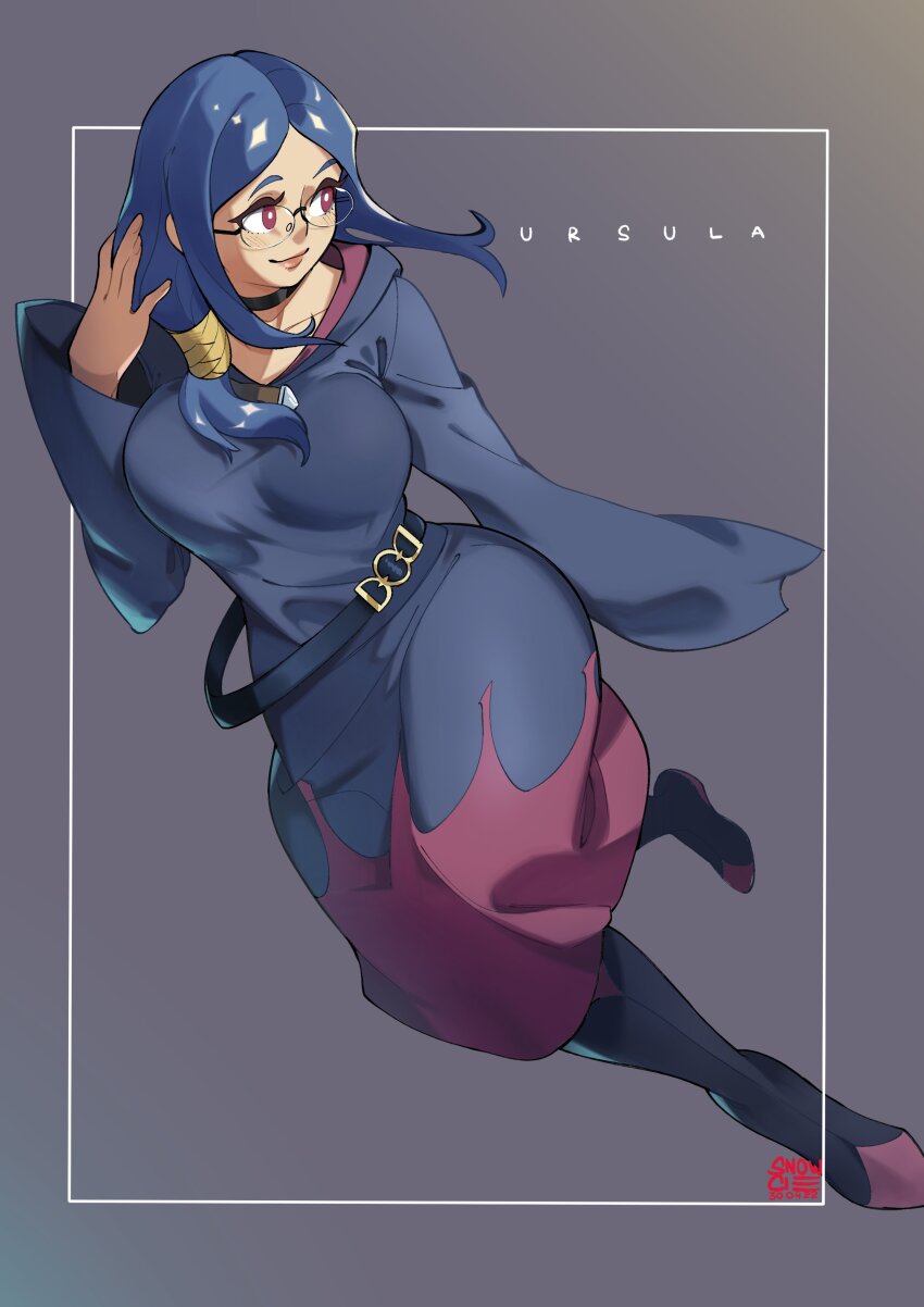1girl absurdres artist_name belt black_belt black_boots black_choker blue_dress blue_hair boots breasts choker commentary dated dress english_commentary floating full_body glasses grey_background hair_behind_ear highres large_breasts little_witch_academia long_sleeves looking_to_the_side red_eyes sleeves_past_fingers sleeves_past_wrists smile snowcie solo ursula_callistis wide_hips
