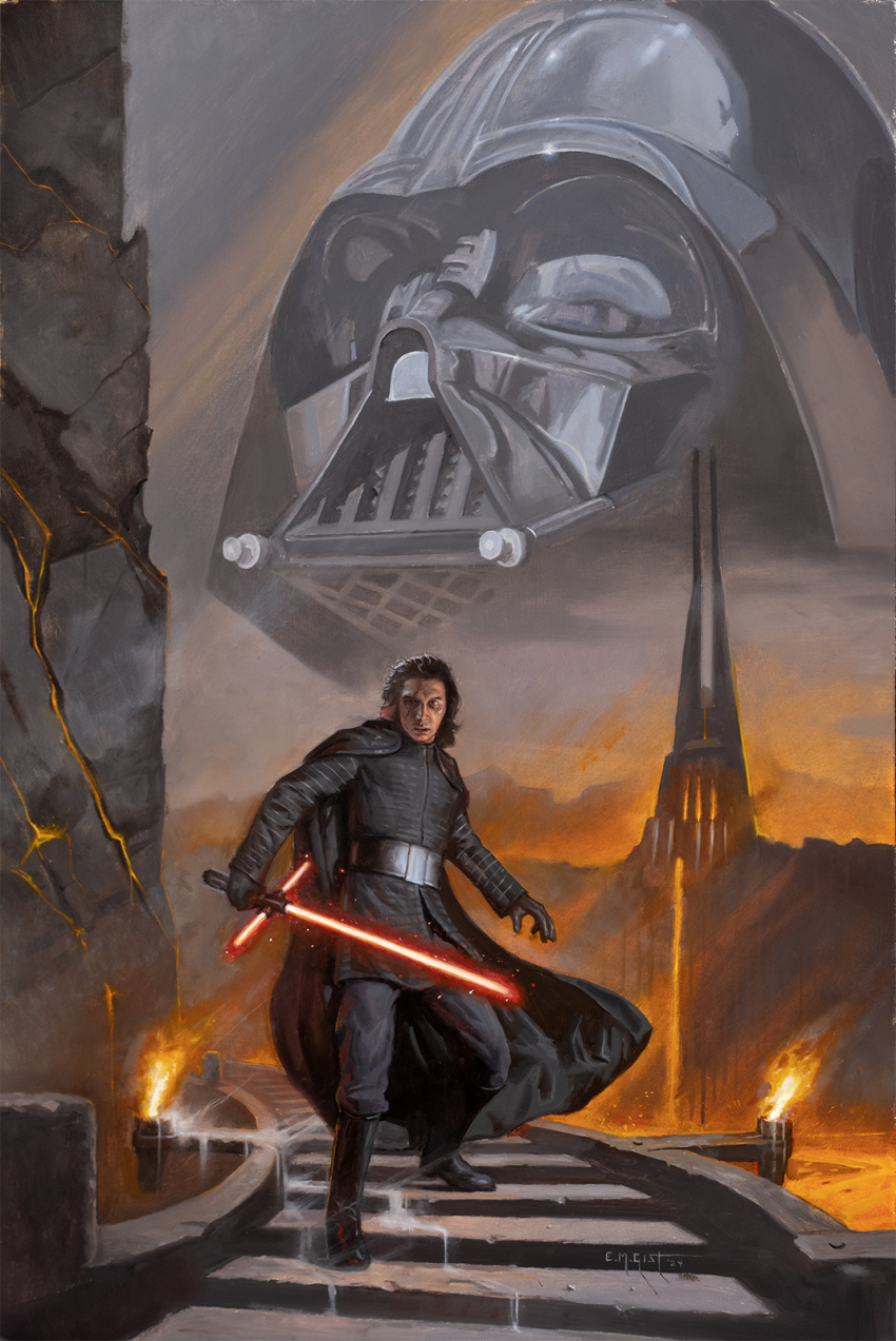 1boy black_boots black_cape black_gloves black_hair black_helmet black_pants black_tunic boots cape crossguard_lightsaber darth_vader energy_sword erik_gist gloves helmet highres holding holding_sword holding_weapon kylo_ren lava lightsaber mustafar pants red_lightsaber stairs star_wars sword tunic weapon