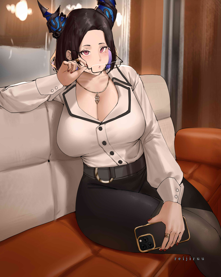 1girl absurdres asymmetrical_horns black_hair black_skirt blue_hair breasts cellphone cleavage colored_inner_hair couch cushion demon_horns dress_suit earrings flower highres holding holding_phone hololive hololive_english horn_flower horns indoors jewelry large_breasts leather_skirt looking_at_viewer mole mole_under_eye multicolored_hair nerissa_ravencroft nerissa_ravencroft_(casual) office_lady official_alternate_costume official_alternate_hair_length official_alternate_hairstyle on_couch pantyhose pencil_skirt phone quilted_jacket red_eyes reijiruu shirt sitting skirt smartphone soju solo uneven_horns virtual_youtuber white_shirt