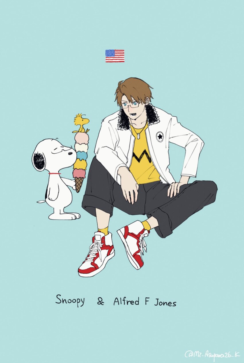 1boy ahoge america_(hetalia) american_flag axis_powers_hetalia blonde_hair blue_background blue_eyes country_connection crossover dog food full_body glasses highres holding holding_food holding_ice_cream ice_cream jacket jewelry knee_up long_sleeves male_focus mi_asupara26_k necklace open_mouth pants peanuts_(comic) shirt shoes short_hair simple_background sitting sneakers snoopy standing woodstock