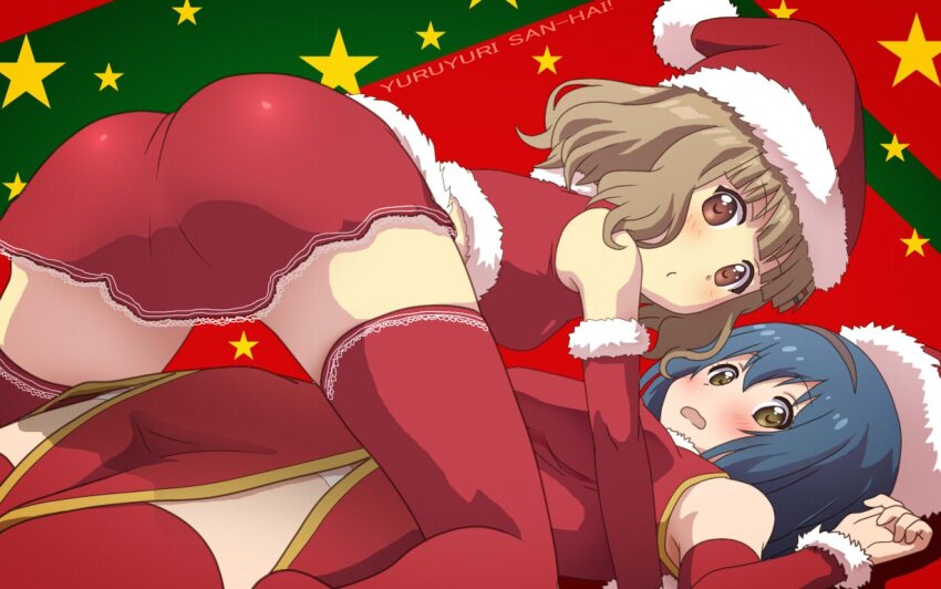 2girls ass awa blush breasts china_dress chinese_clothes christmas dress furutani_himawari gloves hat long_hair looking_at_viewer medium_breasts multiple_girls oomuro_sakurako open_mouth red_dress santa_hat short_hair small_breasts thighhighs yuruyuri