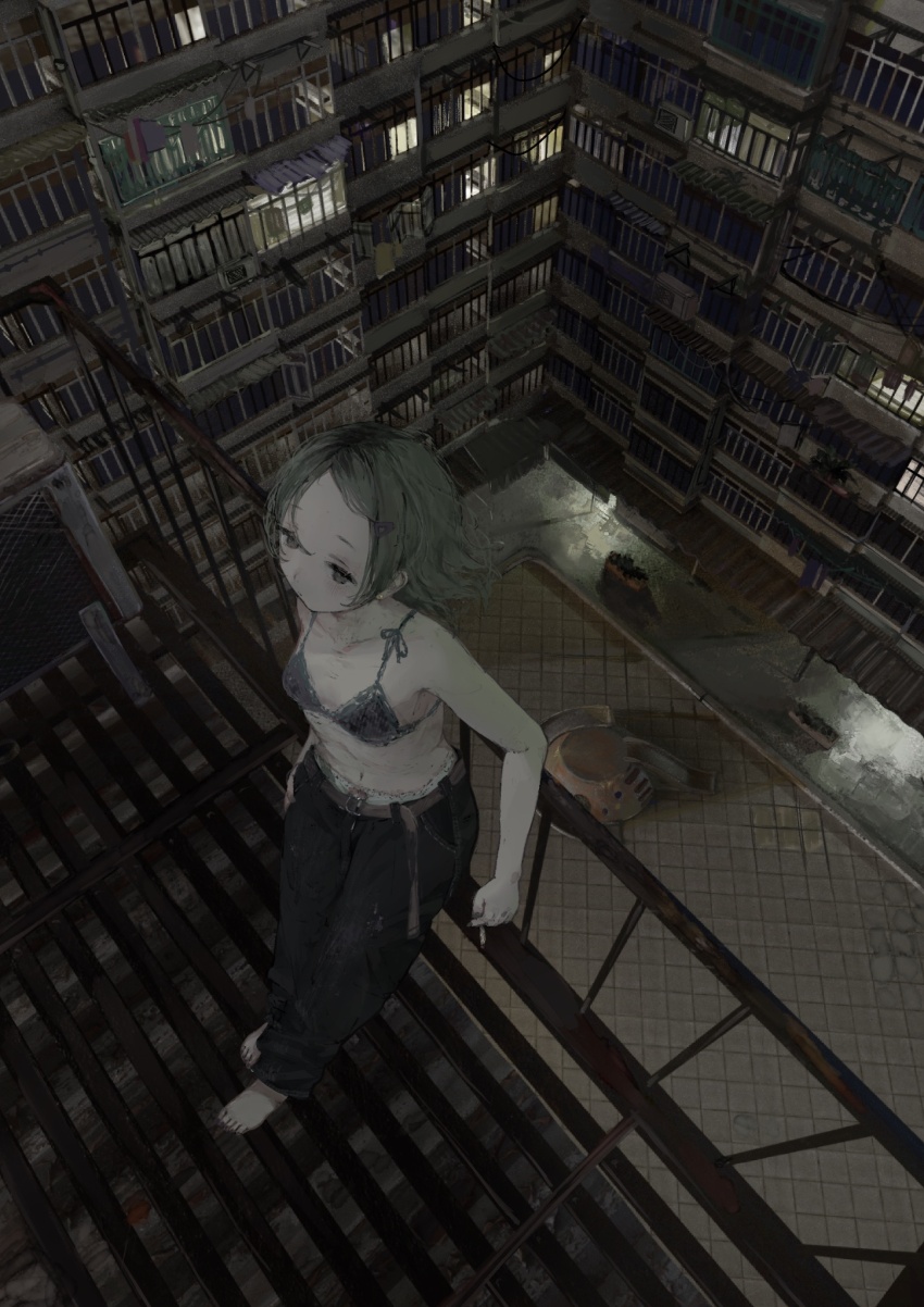 1girl apartment balcony barefoot barred_window belt bikini bikini_top_only black_pants breasts building cigarette corrugated_galvanized_iron_sheet courtyard from_above hair_ornament hairclip half-closed_eyes highres holding holding_cigarette moruhi original pale_skin panties pants panty_peek railing slide small_breasts solo swimsuit underwear