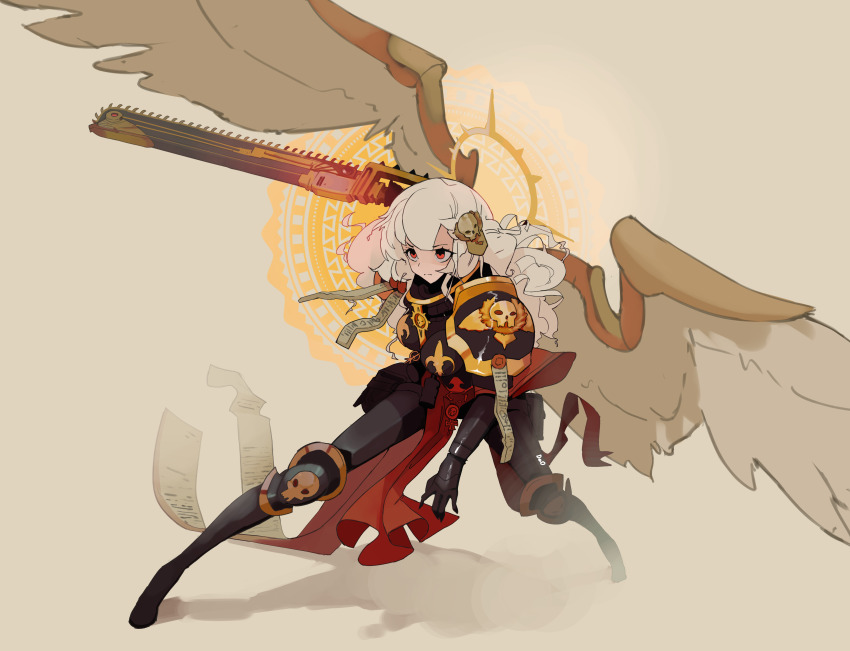 1girl absurdres adepta_sororitas alpha_(alpha_1918) arm_up armor black_bodysuit bodysuit boots breasts cape chainsword deo_artist fantasy feathered_wings fighting_stance fleur-de-lis halo highres holding holding_sword holding_weapon large_breasts long_hair looking_to_the_side non-web_source original over_shoulder pauldrons pelvic_curtain power_armor purity_seal red_cape red_eyes shadow shoulder_armor simple_background skull skull_ornament solo spiked_halo sword toon_(style) warhammer_40k wavy_hair weapon weapon_over_shoulder white_hair wings