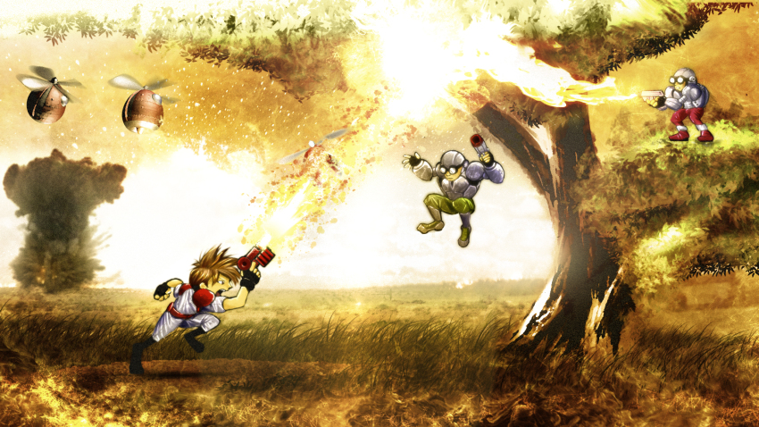 3boys fake_screenshot fingerless_gloves fire flamethrower gloves gun gunstar_heroes gunstar_red highres male_focus multiple_boys shoulder_pads tree weapon