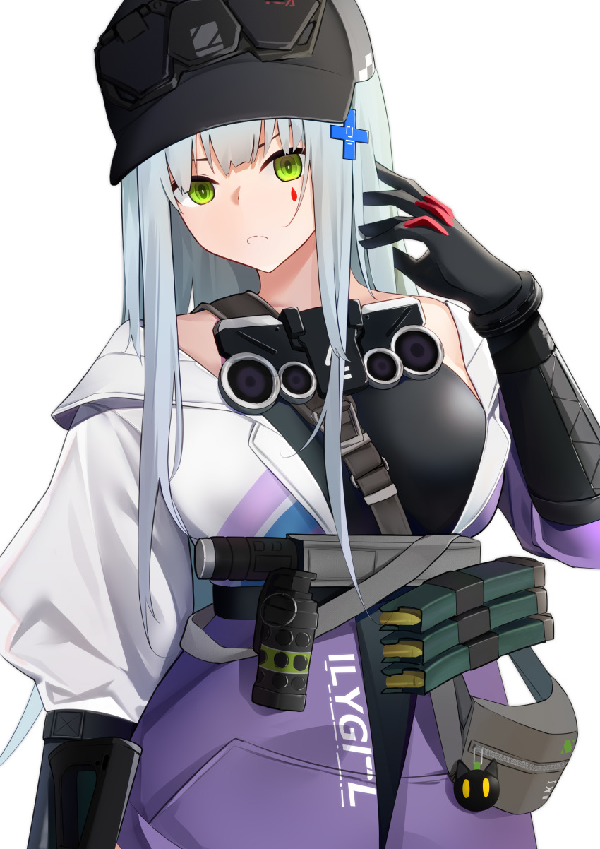 1girl absurdres adjusting_hair black_gloves black_hat blue_hair breasts cross elbow_gloves explosive expressionless facepaint girls&#039;_frontline girls&#039;_frontline_2:_exilium gloves green_eyes grenade hair_ornament hairclip hand_up hat highres hk416_(girls&#039;_frontline) iron_cross jacket klukai_(girls&#039;_frontline_2) kotoha_(kotoha65) long_hair looking_at_viewer magazine_(weapon) medium_breasts solo teardrop very_long_hair