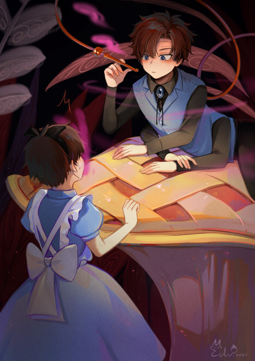 2boys alice_(alice_in_wonderland) alice_(alice_in_wonderland)_(cosplay) alice&#039;s_adventures_in_wonderland back_bow birthmark blue_eyes blush bow brooch brown_hair caterpillar_(alice_in_wonderland) caterpillar_(alice_in_wonderland)_(cosplay) collared_shirt cosplay crossdressing crossed_arms dipper_gleeful dipper_pines dress dual_persona eden_(eden871225) extra_arms from_behind gravity_falls hair_ribbon hairband highres holding hookah jewelry long_sleeves looking_down lying male_focus multiple_boys mushroom narrowed_eyes on_stomach oversized_object parted_bangs parted_lips pinafore_dress plant puffy_short_sleeves puffy_sleeves reverse_falls_(gravity_falls) ribbon shirt short_hair short_sleeves signature sleeveless_dress smoking sweat vest