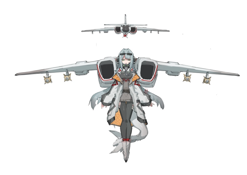 1girl absurdres aircraft airplane anti-ship_missile black_pantyhose bomber cruise_missile dress eyewear_on_head frider full_body furrowed_brow green_eyes grey_dress grey_hair hair_intakes highres jacket jet_bomber mecha_musume military_vehicle oxygen_mask pantyhose people&#039;s_liberation_army people&#039;s_liberation_army_air_force personification solo standing tachi-e tail tupolev_tu-16 war_thunder white_background white_jacket xi&#039;an_h-6