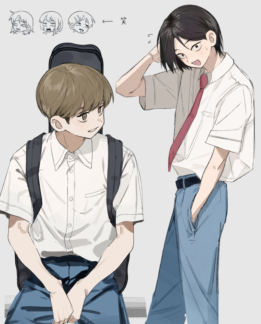2boys 3girls :d belt black_belt black_eyes black_hair blue_pants bowl_cut breast_pocket brown_eyes brown_hair chibi chibi_inset collared_shirt cowboy_shot dress_shirt fujii_ayame futsuu_no_keion-bu grey_background guitar_case hand_in_pocket hand_on_own_head hatono_chihiro head_down head_only highres instrument_case instrument_case_on_back instrument_on_back kouyama_rin kuma_vs_inu looking_at_viewer male_focus multiple_boys multiple_girls necktie open_mouth pants parted_lips pocket red_necktie sanpaku school_uniform scowl shirt short_sleeves simple_background sitting smile taguchi_ryuuya takami_kouki white_shirt