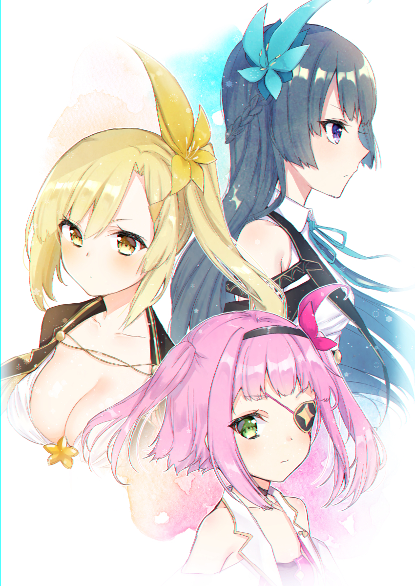 3girls :o absurdres azalea_(flower) bare_shoulders black_choker black_corset black_hair black_hairband black_jacket black_shirt blonde_hair blue_flower blue_ribbon breasts brooch buttons choker cleavage closed_mouth clothing_cutout collared_shirt commentary_request corset cropped_jacket cropped_torso eyelashes eyepatch flower flower_brooch flower_choker from_side gem green_eyes green_gemstone hair_between_eyes hair_flower hair_ornament hairband highres jacket jacket_on_shoulders jewelry lapels large_breasts light_frown light_particles long_hair magia_record:_mahou_shoujo_madoka_magica_gaiden magical_girl mahou_shoujo_madoka_magica mikuri_ayame mochiko_(uyu_omochi) multiple_girls nape_braid neck_ribbon notched_lapels parted_lips pink_flower pink_hair pink_shirt pointy_nose purple_eyes ribbon shirt shizumi_konoha short_hair short_sleeves short_twintails shoulder_cutout side_ponytail simple_background sleeveless sleeveless_shirt strapless strapless_shirt twintails two-tone_shirt very_long_hair white_background white_jacket white_shirt yellow_brooch yellow_eyes yellow_flower yusa_hazuki