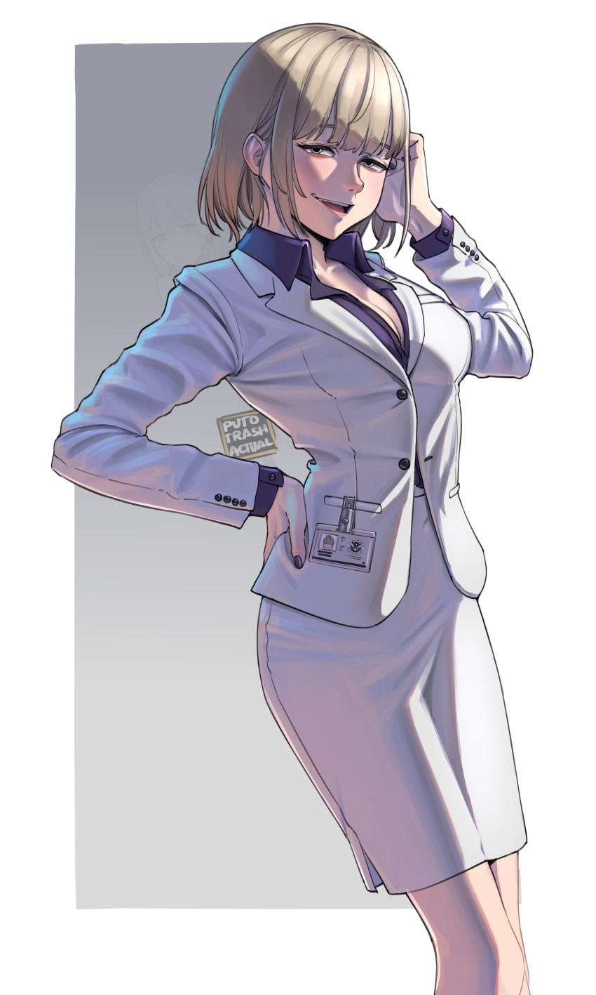 1girl absurdres artist_name black_nails blonde_hair blue_eyes breasts cleavage collared_shirt commentary cosplay cowboy_shot english_commentary english_text girls&#039;_frontline grey_background hand_on_own_hip highres id_card jacket looking_at_viewer meme open_mouth original pencil_skirt purple_shirt puto_trash rpk-16_(girls&#039;_frontline) rpk-16_(girls&#039;_frontline)_(cosplay) rpk-16_(renate)_(girls&#039;_frontline) shirt short_hair skirt smile solo teeth textless_version two-tone_background upper_teeth_only white_background white_jacket white_skirt