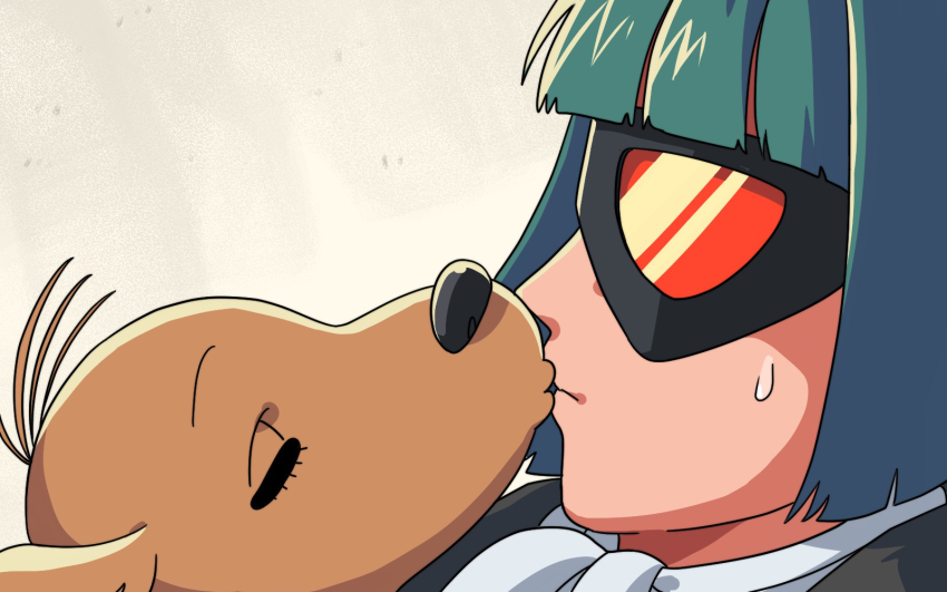 1boy animal ascot black-framed_eyewear brown_dog dog eyelashes from_side green_hair grey_background grey_hair highres husagin kiss kissing_animal male_focus rainbow_parakeet rainbow_parakeet_(character) short_hair sunglasses sweatdrop tinted_eyewear white_ascot