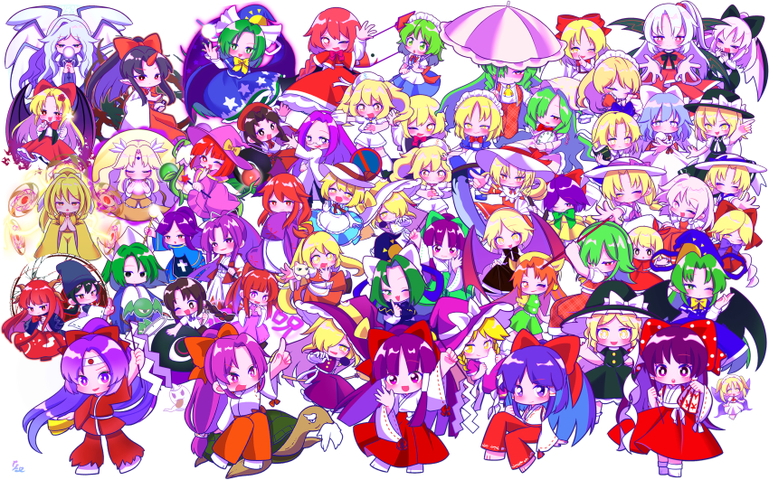 6+girls absurdres black_hair blonde_hair blue_hair blush bow broom brown_hair cat character_request chibi closed_eyes commentary_request elis_(touhou) ellen_(touhou) ghost glasses green_hair hair_bow hakama hakurei_reimu hakurei_reimu_(pc-98) hat hat_bow highly_responsive_to_prayers highres holding holding_broom holding_umbrella japanese_clothes kana_anaberal kikuri_(touhou) kirisame_marisa kirisame_marisa_(pc-98) kitashirakawa_chiyuri konngara_(touhou) kotohime_(touhou) maid_headdress mima_(touhou) mimi-chan missile multiple_girls okazaki_yumemi one_eye_closed open_mouth orange_hair parasol phantasmagoria_of_dim.dream purple_bow purple_eyes red_bow red_eyes red_hair red_hakama ruukoto sariel_(touhou) shingyoku_(female) shingyoku_(male) shingyoku_(touhou) simple_background sokrates_(touhou) tasotasoyan00 tongue tongue_out touhou touhou_(pc-98) turtle umbrella white_bow white_hair wings yellow_bow yellow_eyes yuugenmagan