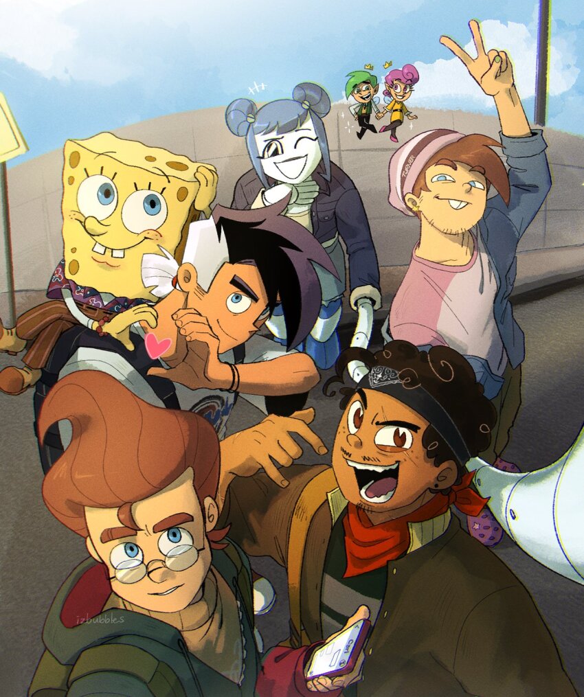 2girls 6+boys black_hair blue_eyes blue_sky bracelet brick_wall brown_hair cellphone cloud cosmo_(fairly_oddparents) crossover danny_fenton danny_phantom double_bun el_tigre facial_hair glass hair_bun headband heart heart_hands highres izzy_(izbubbles) jacket jenny_wakeman jewelry jimmy_neutron jimmy_neutron_(series) looking_at_viewer manny_rivera multicolored_hair multiple_boys multiple_girls my_life_as_a_teenage_robot nickelodeon nicktoons_unite! one_eye_closed outdoors paramount_pictures partially_unzipped phone photo_(medium) ponytail road road_sign scar scarf selfie shirt shoes short_hair sign sky smile smirk spongebob_squarepants spongebob_squarepants_(series) street sweater teeth the_fairly_oddparents thick_eyebrows tongue turtleneck turtleneck_sweater wanda_(fairly_oddparents) white_hair zipper
