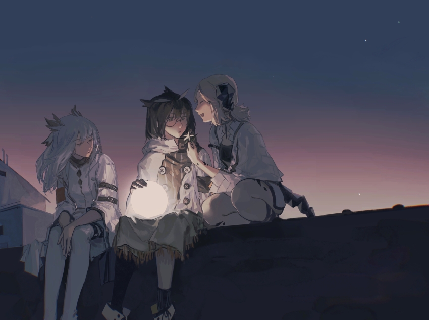 3girls absurdres arknights asymmetrical_legwear boots brown_hair closed_eyes commentary_request elite_ii_(arknights) flower highres holding holding_flower horns idiot19 ifrit_(arknights) light long_sleeves looking_at_another material_growth mismatched_legwear multiple_girls night open_mouth orb oripathy_lesion_(arknights) outdoors ptilopsis_(arknights) ptilopsis_(elite_ii)_(arknights) round_eyewear silence_(arknights) sitting smile socks squatting star_(sky) tail thigh_boots