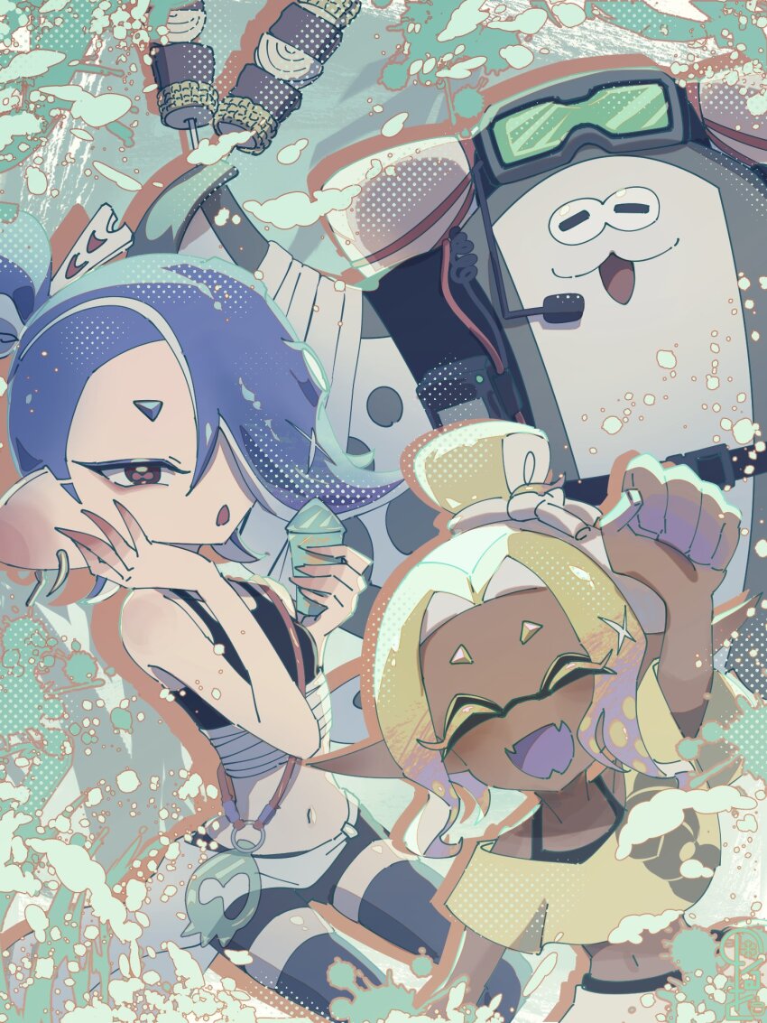 2girls ^_^ big_man_(splatoon) big_man_(splatoon_raiders) blonde_hair blue_hair cephalopod_eyes closed_eyes colored_tips dark-skinned_female dark_skin earrings frye_(splatoon) frye_(splatoon_raiders) hair_over_one_eye hashtag-only_commentary highres jewelry midriff multicolored_hair multiple_girls navel nintendo norwo724 official_alternate_costume open_mouth purple_hair red_eyes shiver_(splatoon) shiver_(splatoon_raiders) short_eyebrows single_earring smile splatoon_(series) splatoon_raiders thick_eyebrows topknot two-tone_hair water