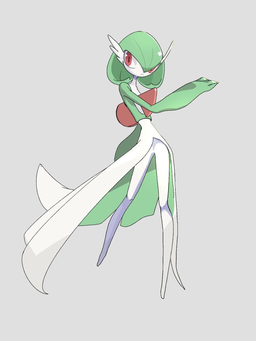 bob_cut colored_skin dress gardevoir gen_3_pokemon green_hair green_skin grey_background highres multicolored_skin mxlaghrsuk33yws nintendo no_feet pink_eyes pokemon pokemon_(creature) simple_background two-tone_skin white_dress white_skin