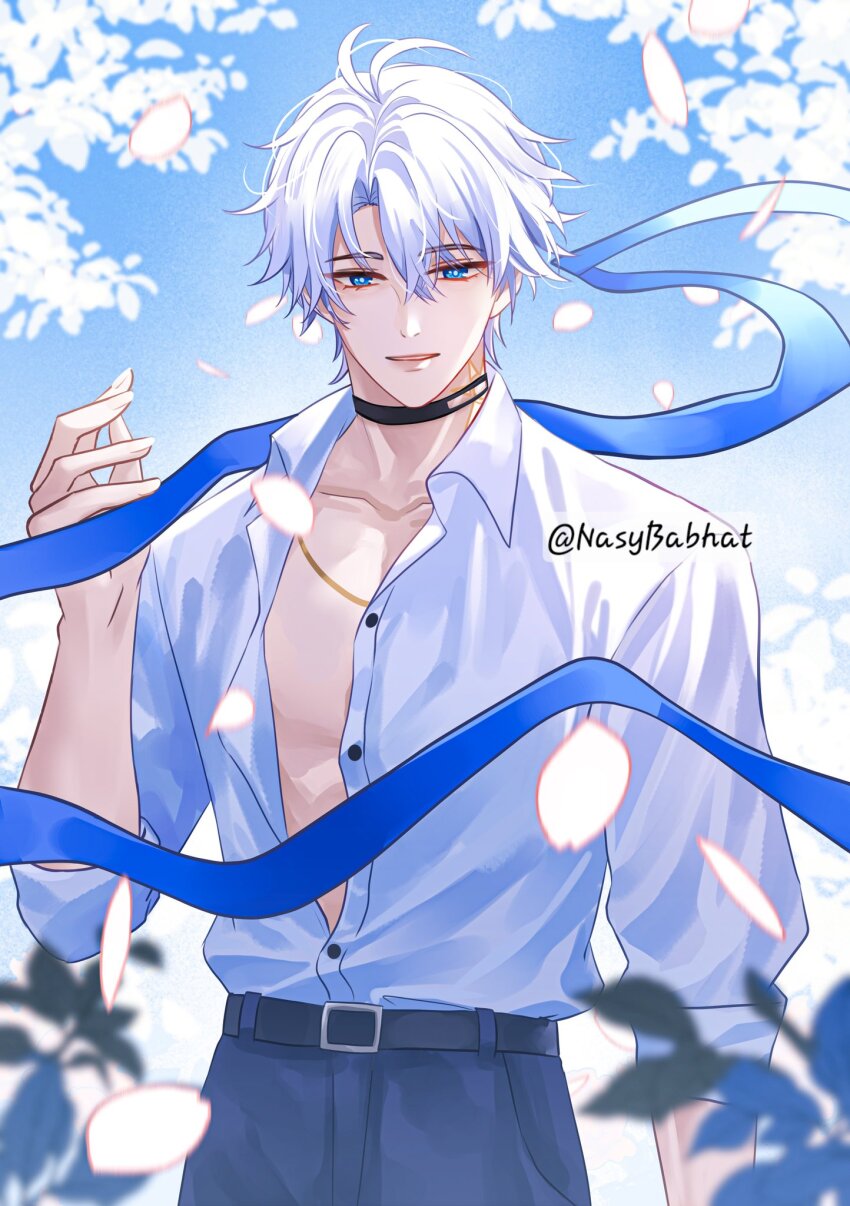 1boy antenna_hair belt black_belt black_choker black_pants blue_eyes blue_ribbon blue_sky choker collarbone collared_shirt commentary cowboy_shot english_commentary hand_up highres honkai:_star_rail honkai_(series) looking_at_viewer male_focus nasybabhat pants parted_lips partially_unbuttoned phainon_(honkai:_star_rail) ribbon shirt short_hair sky solo sun_symbol sun_tattoo tan twitter_username white_hair white_shirt