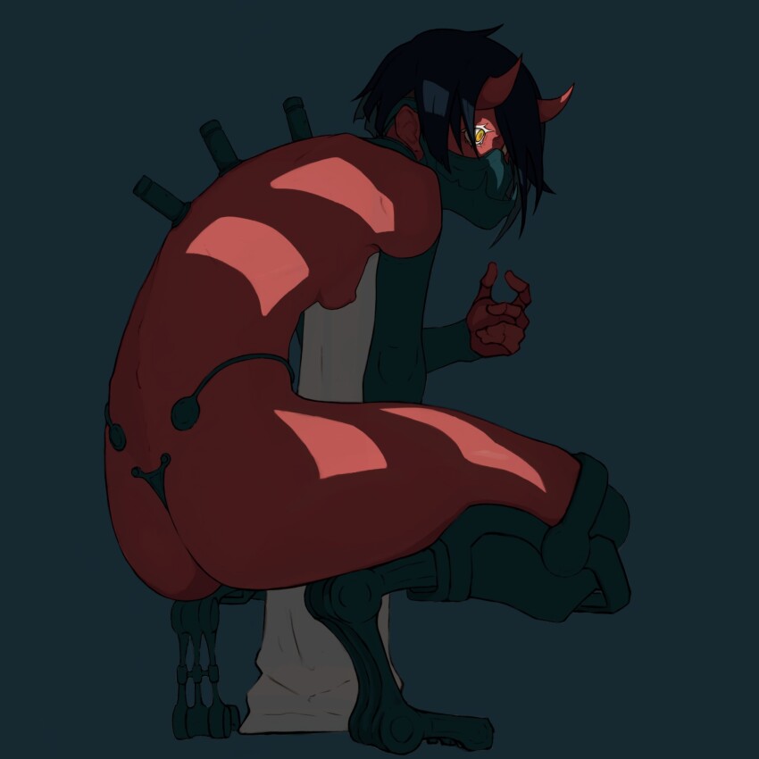 1girl c-string colored_skin highres horns mask nicola_suke nude oni prosthesis red_skin squatting strapless_bottom tagme