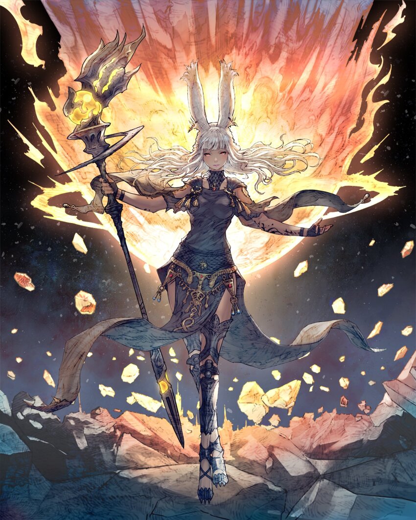 1girl animal_ears black_gloves broken_ground commentary crossed_legs dark-skinned_female dark_skin expressionless final_fantasy final_fantasy_xiv fingerless_gloves floating_hair full_body gloves hair_spread_out highres leg_armor long_hair looking_at_viewer rabbit_ears red_eyes shukei solo straight-on symbol-only_commentary viera warrior_of_light_(ff14) white_hair