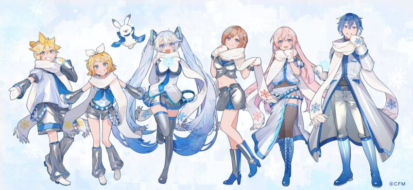 2boys 4girls belt black_thighhighs blonde_hair blue_boots blue_hair blue_necktie boots bow_hairband breasts brown_hair closed_mouth coat copyright_notice crop_top detached_sleeves earmuffs full_body gradient_hair grey_boots grey_jacket grey_shorts grey_skirt grin hairband hassan_(sink916) hatsune_miku high_heel_boots high_heels jacket kagamine_len kagamine_rin kaito_(vocaloid) lace-up_boots long_hair long_sleeves looking_at_viewer megurine_luka meiko_(vocaloid) midriff miniskirt mittens multicolored_hair multiple_boys multiple_girls navel necktie official_art open_mouth outstretched_arms pants pink_hair pleated_skirt rabbit rabbit_yukine scarf shoes short_hair short_shorts shorts skirt small_breasts smile spread_arms standing thigh_boots thighhighs twintails vocaloid white_coat white_pants white_shoes yuki_miku