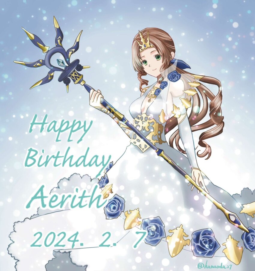 1girl aerith_gainsborough aerith_gainsborough_(prism_dress) blue_flower blue_ribbon blue_rose breasts brown_hair character_name cleavage closed_mouth cowboy_shot dated detached_sleeves dress dress_flower final_fantasy final_fantasy_vii final_fantasy_vii_ever_crisis final_fantasy_vii_remake flower gold_trim green_eyes hair_ribbon hanaoda27 happy_birthday highres holding holding_staff long_dress long_hair looking_at_viewer low_ponytail medium_breasts official_alternate_costume parted_bangs plunging_neckline ponytail ribbon rose see-through_clothes see-through_sleeves sidelocks smile solo staff tiara twitter_username wavy_hair white_dress white_sleeves