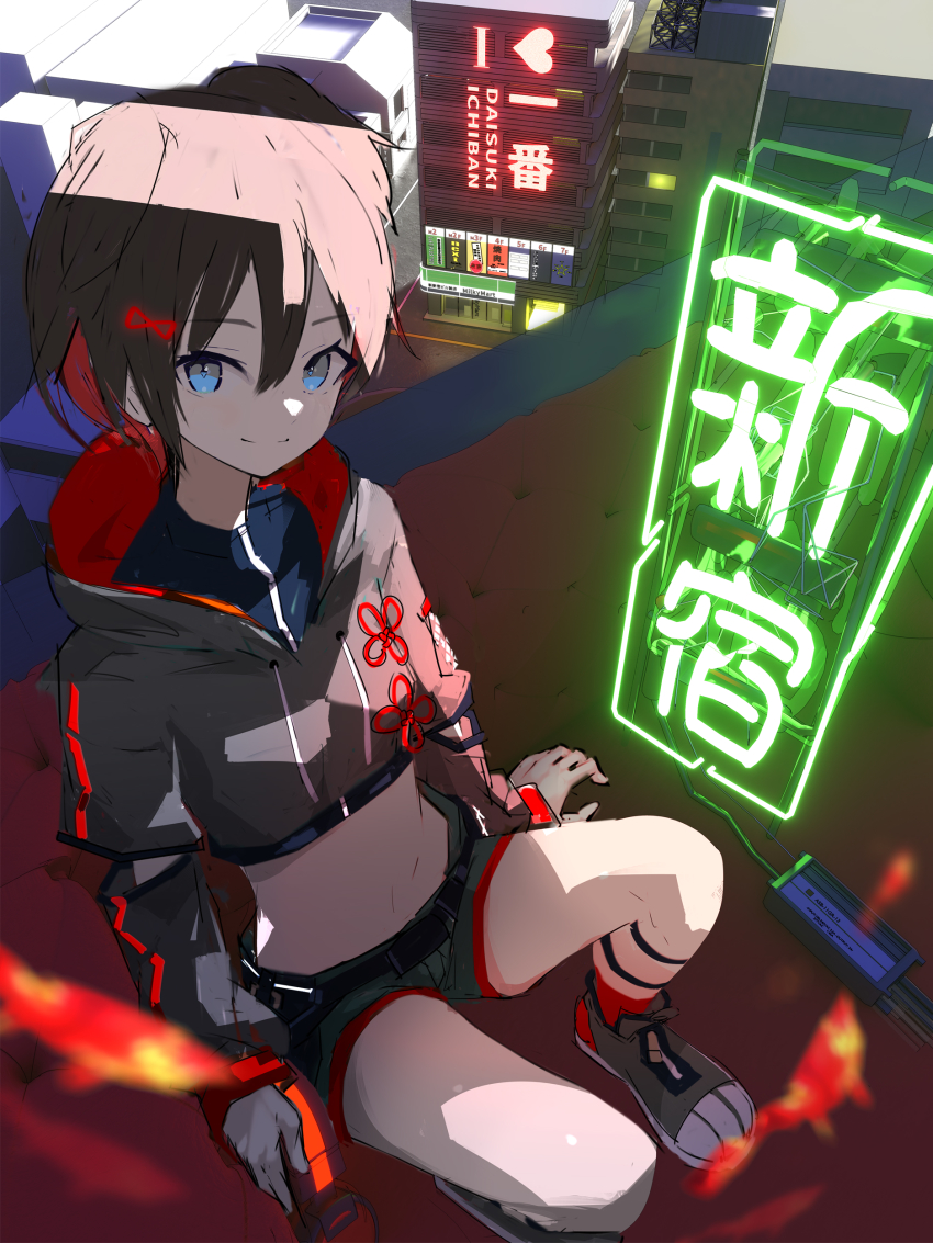 1girl absurdres animal_ears blue_eyes boots brown_hair closed_mouth denonbu gurumaruhana hair_ornament hairpin headphones highres hood hoodie long_sleeves navel neon_lights ogami_matoi short_hair shorts sitting smile solo