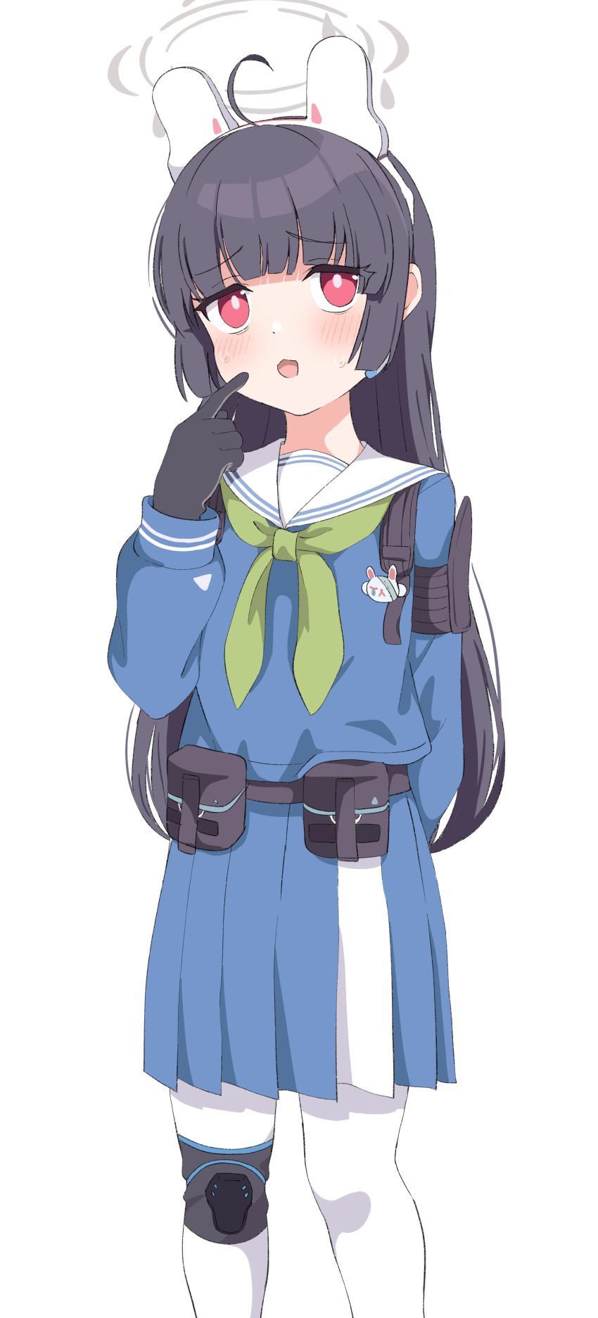1girl absurdres ahoge animal_ears belt_bag black_gloves blue_archive blue_dress blue_serafuku blunt_bangs cowboy_shot dress earpiece fake_animal_ears gloves green_neckerchief grey_hair grey_halo halo highres knee_pads long_hair miyu_(blue_archive) neckerchief pantyhose rabbit_ears rabbit_pin red_eyes sailor_collar school_uniform serafuku single_knee_pad solo uchuu_no_mozuku white_pantyhose white_sailor_collar