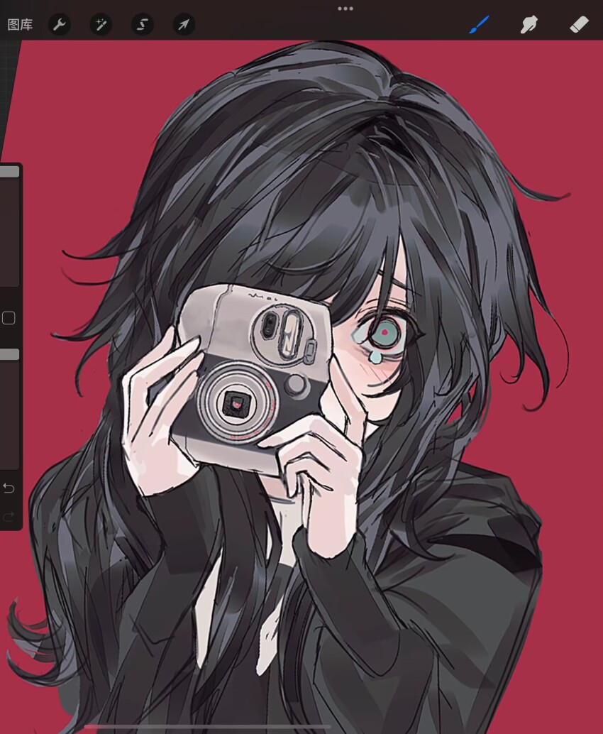 art_program_in_frame black_hair black_hoodie camera covering_one_eye freesia_quan highres holding holding_camera hood hoodie looking_at_viewer messy_hair original red_background ringed_eyes tearing_up