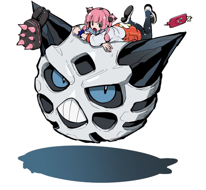 1girl backpack bag bandages black_bag black_eyes black_hair blue_eyes commentary coral_(pokemon) crossed_arms double_bun fang feet_up floating full_body gen_3_pokemon gen_4_pokemon glalie hair_bun highres horns looking_at_viewer lying medium_hair multicolored_hair nail_polish naranja_academy_school_uniform nintendo on_stomach open_mouth orange_shorts pantyhose pink_hair pink_nails plant_roots pokemon pokemon_(anime) pokemon_(creature) pokemon_horizons print_pantyhose rotom rotom_phone school_uniform shadow shirt shoes shorts simple_background sparkle_print spikes takafumi_696 teeth the_pose twintails two-tone_hair white_background white_shirt wristband