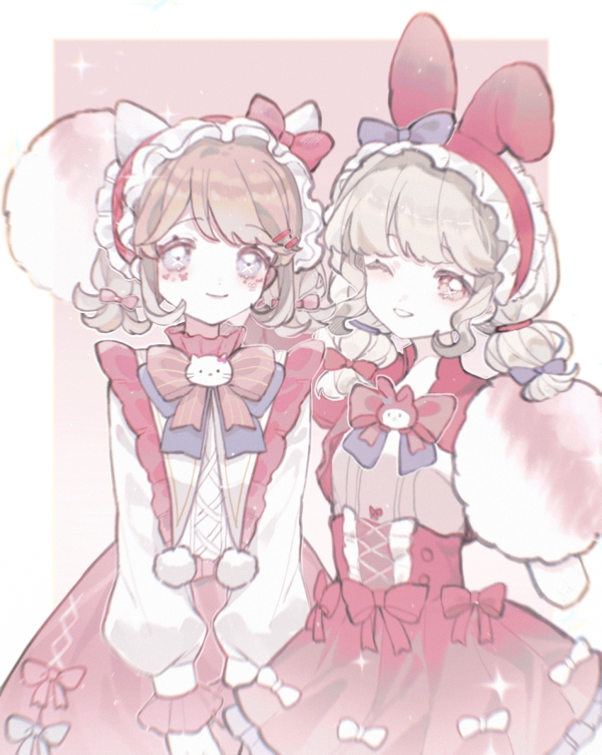 2girls ;d aa_huaju_pifa_ma_zong animal_ears blue_bow blue_eyes border bow bow_skirt bowtie brown_hair cat_ears closed_mouth emma_woods emma_woods_(hello_kitty_dream) facial_mark fake_animal_ears frilled_hairband frills grin hair_bow hairband hello_kitty hello_kitty_(character) highres holding holding_pom_poms identity_v lily_barriere lily_barriere_(stunning_my_melody) low_twintails medium_hair multiple_girls my_melody official_alternate_costume one_eye_closed onegai_my_melody open_mouth outside_border pink_background pink_bow pink_bowtie pink_eyes pink_skirt pom_pom_(cheerleading) pom_poms rabbit_ears sanrio shirt skirt smile twintails upper_body white_border white_shirt