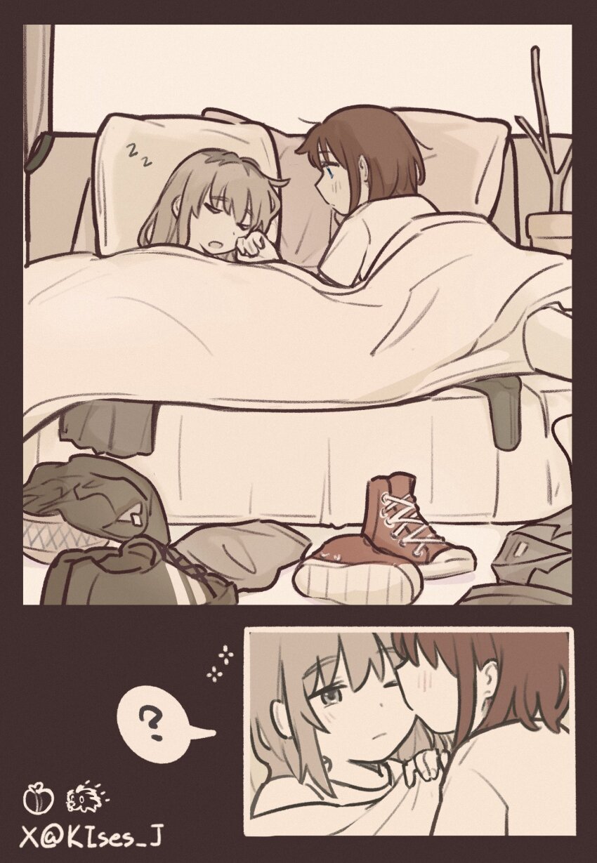 2girls ? bedroom brown_hair closed_eyes commentary_request girls_band_cry grey_hair highres iseri_nina jacket kawaragi_momoka kiss kissing_cheek long_hair masaru_(kises_j) morning multicolored_hair multiple_girls on_bed one_eye_closed open_mouth pillow plant potted_plant roots_(hair) shoes short_hair sleeping socks spoken_question_mark under_covers unworn_jacket unworn_shoes unworn_socks waking_up yuri